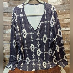 Boho Western Navy Aztec V Neck Long Sleeve Tee